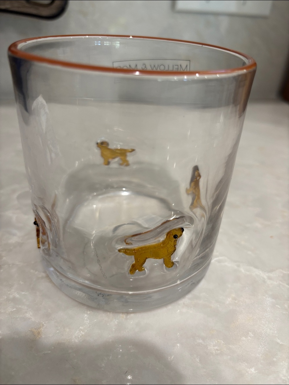 NWT Mellow & Mod Hand-Blown Clear Glass Tumbler with White and Yellow Dog Accent